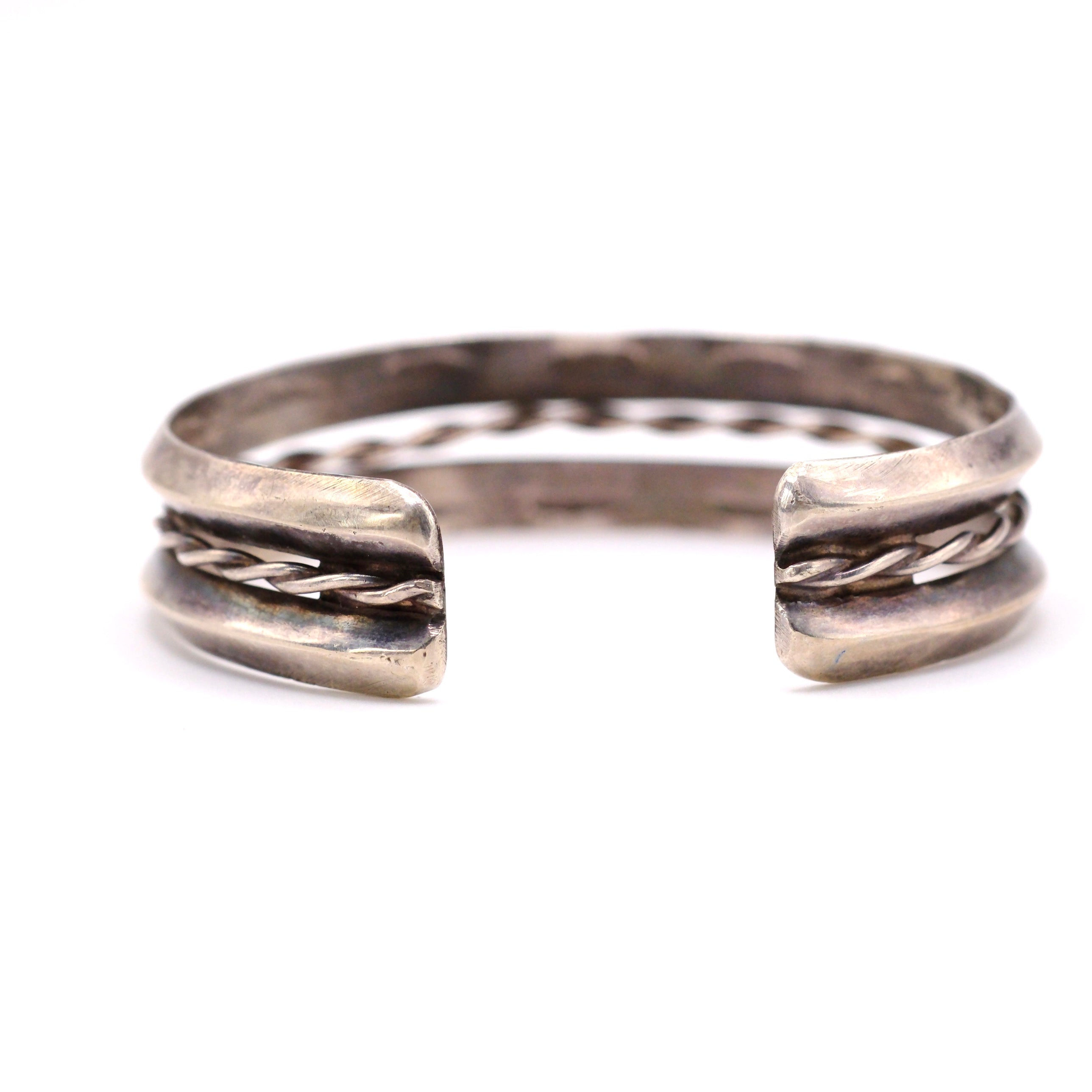 Vintage Sterling Double Row Stamped Triangle Cuff Bracelet 6.5"