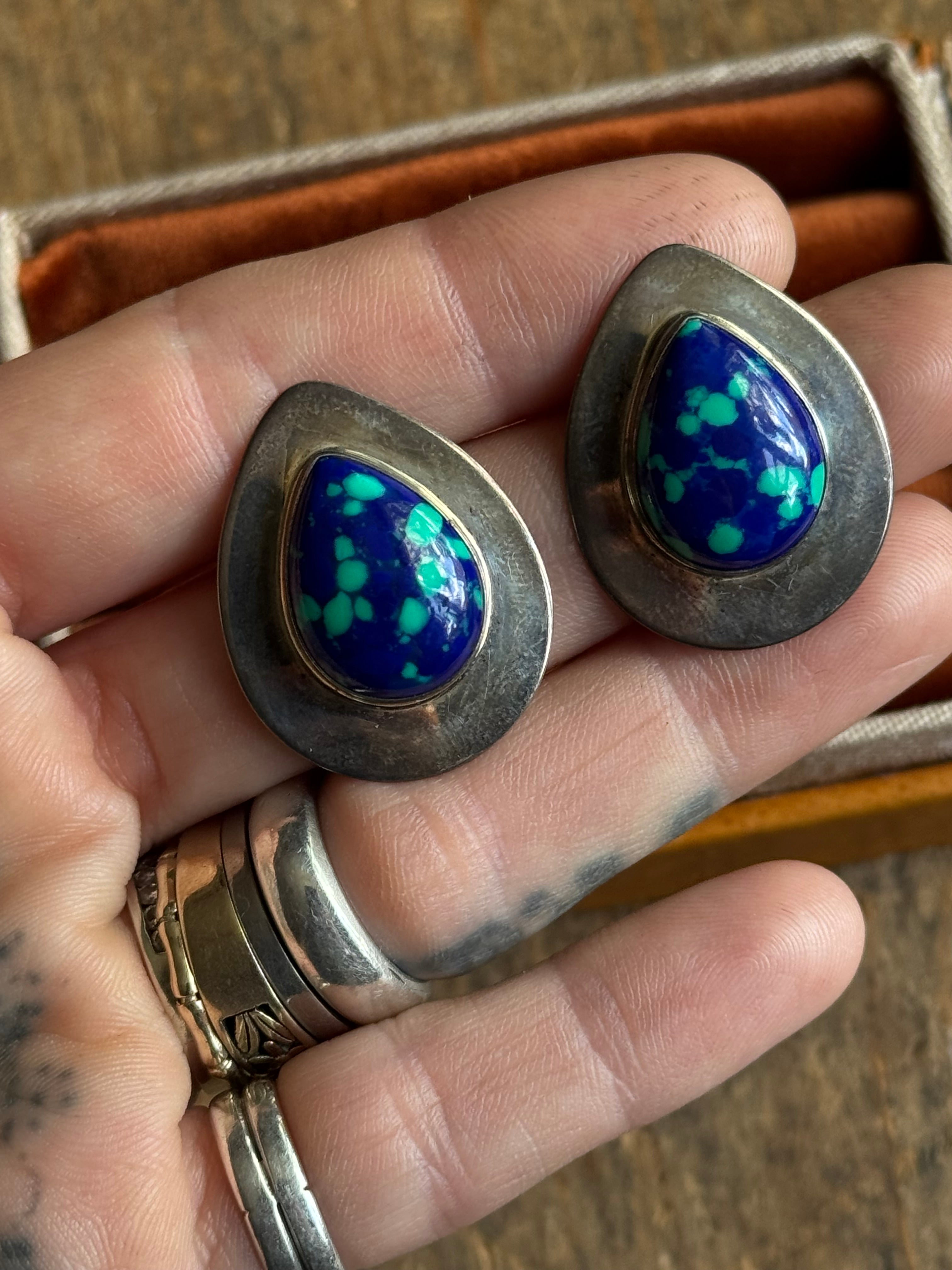 Vintage Sterling Silver Azurite Teardrop Earrings