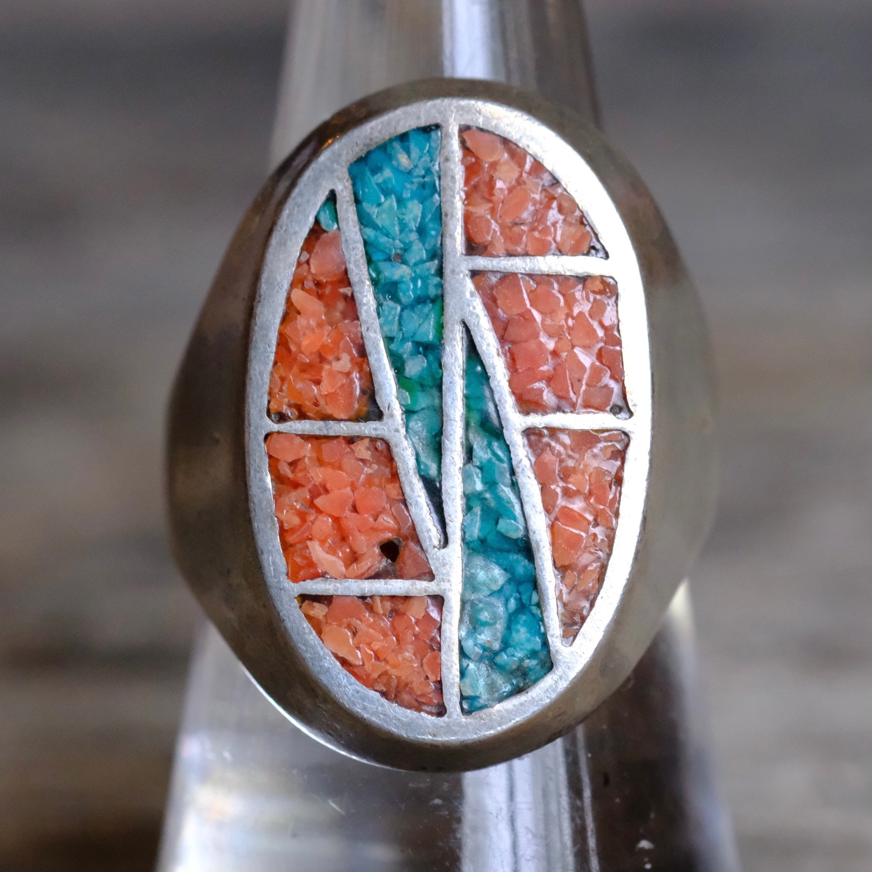 Vintage Sterling Turquoise and Coral Inlay Ring 8.25