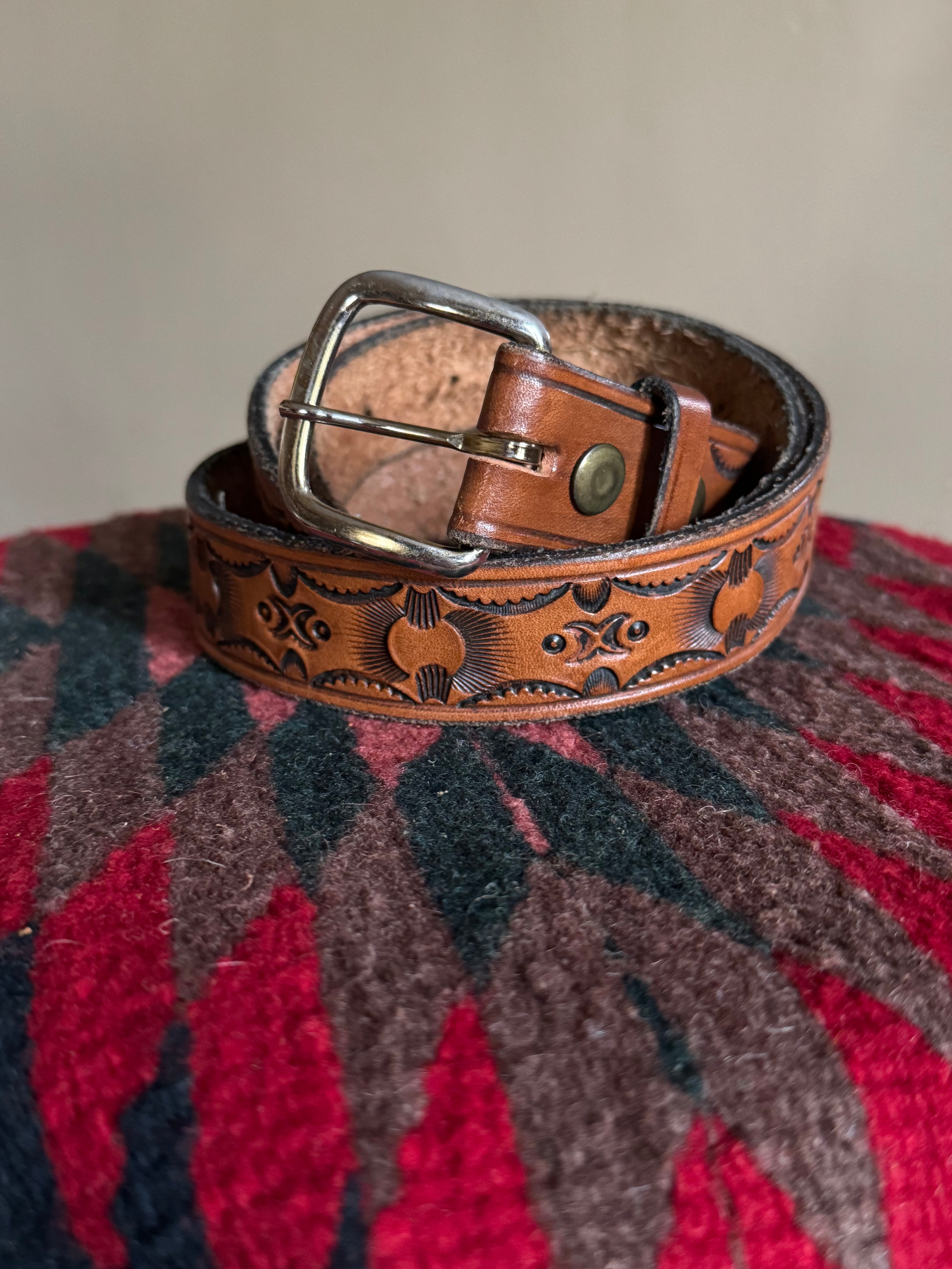 Vintage Hand Tooled Brown Leather Sun Stamped Belt