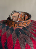 Vintage Hand Tooled Brown Leather Sun Stamped Belt