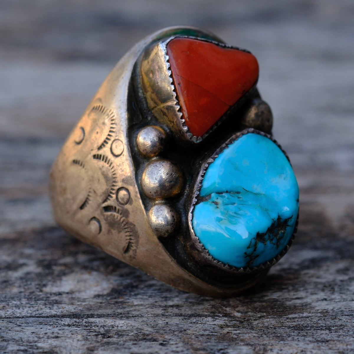 Vintage Sterling Turquoise and Coral Ring 11