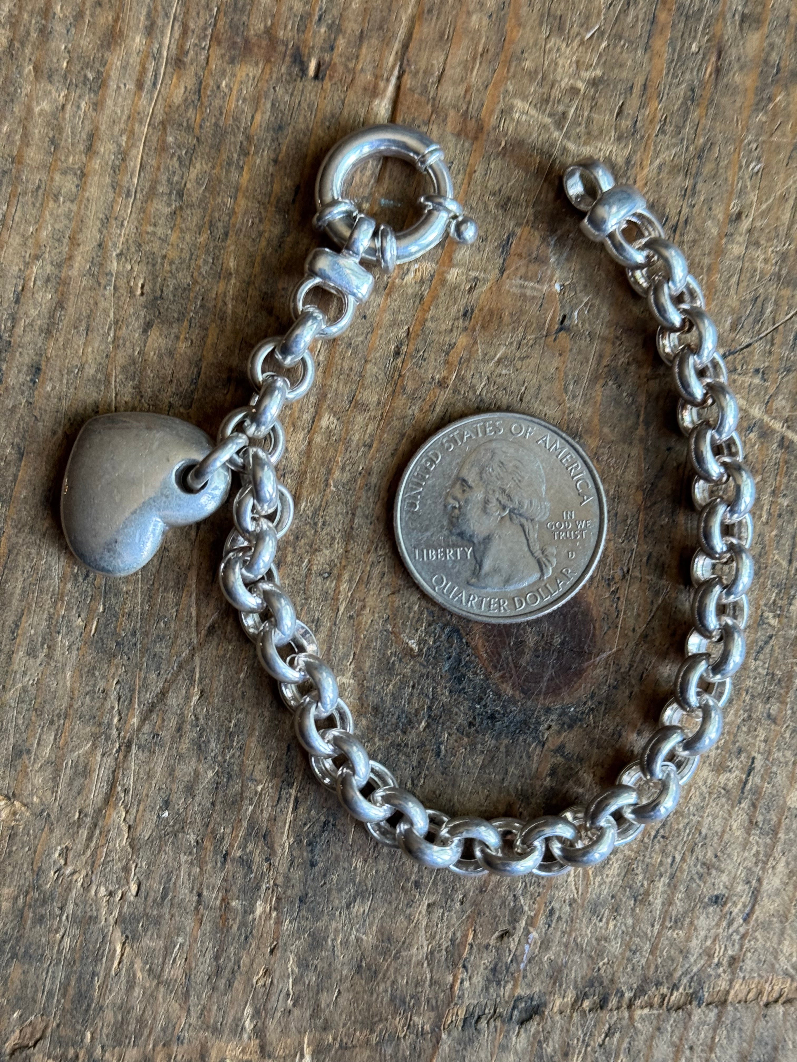 Vintage Sterling Silver Chunky Rolo Heart Charm Bracelet 7.5"