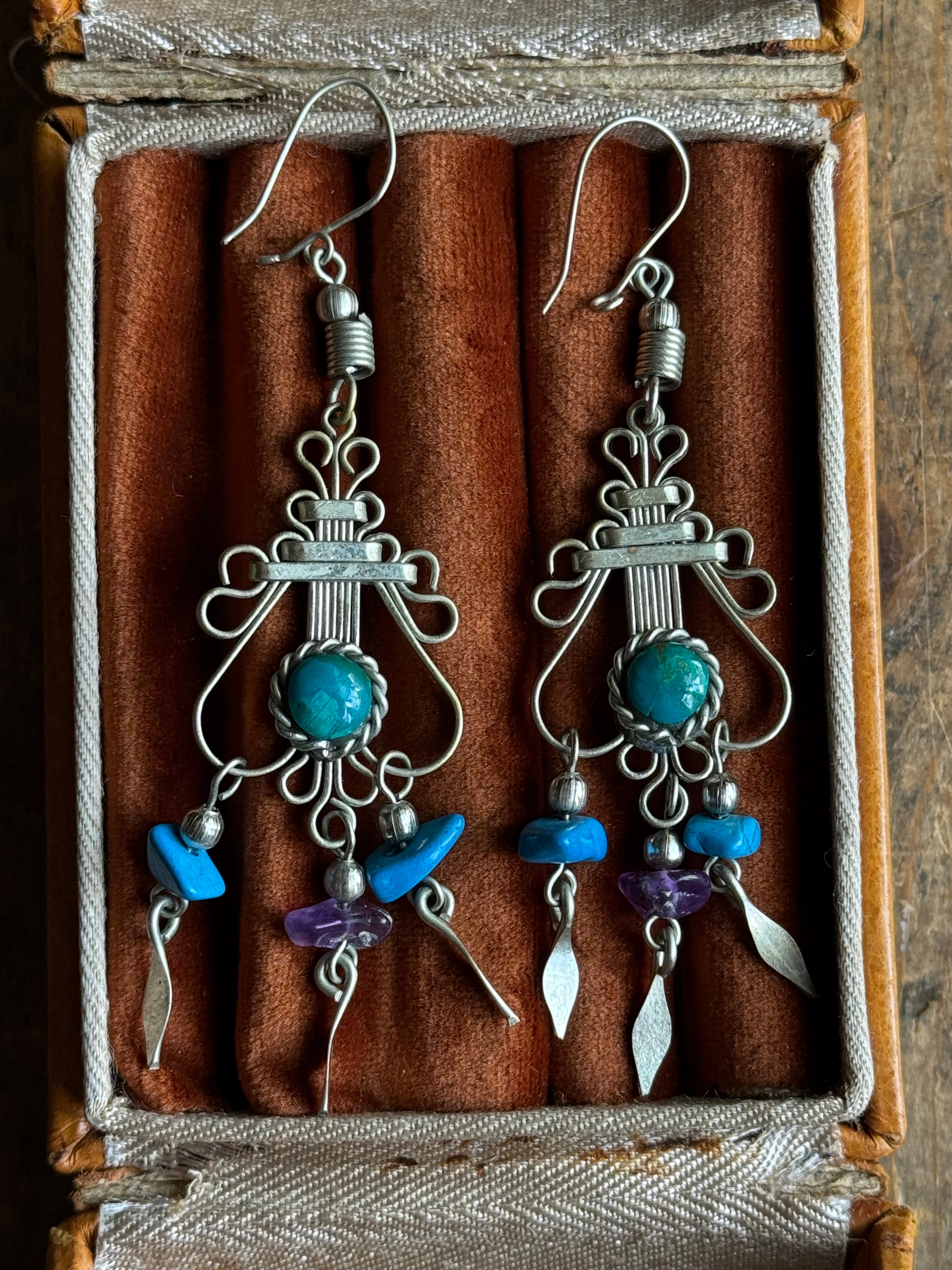 Vintage Sterling Silver Turquoise & Amethyst Chandelier Earrings