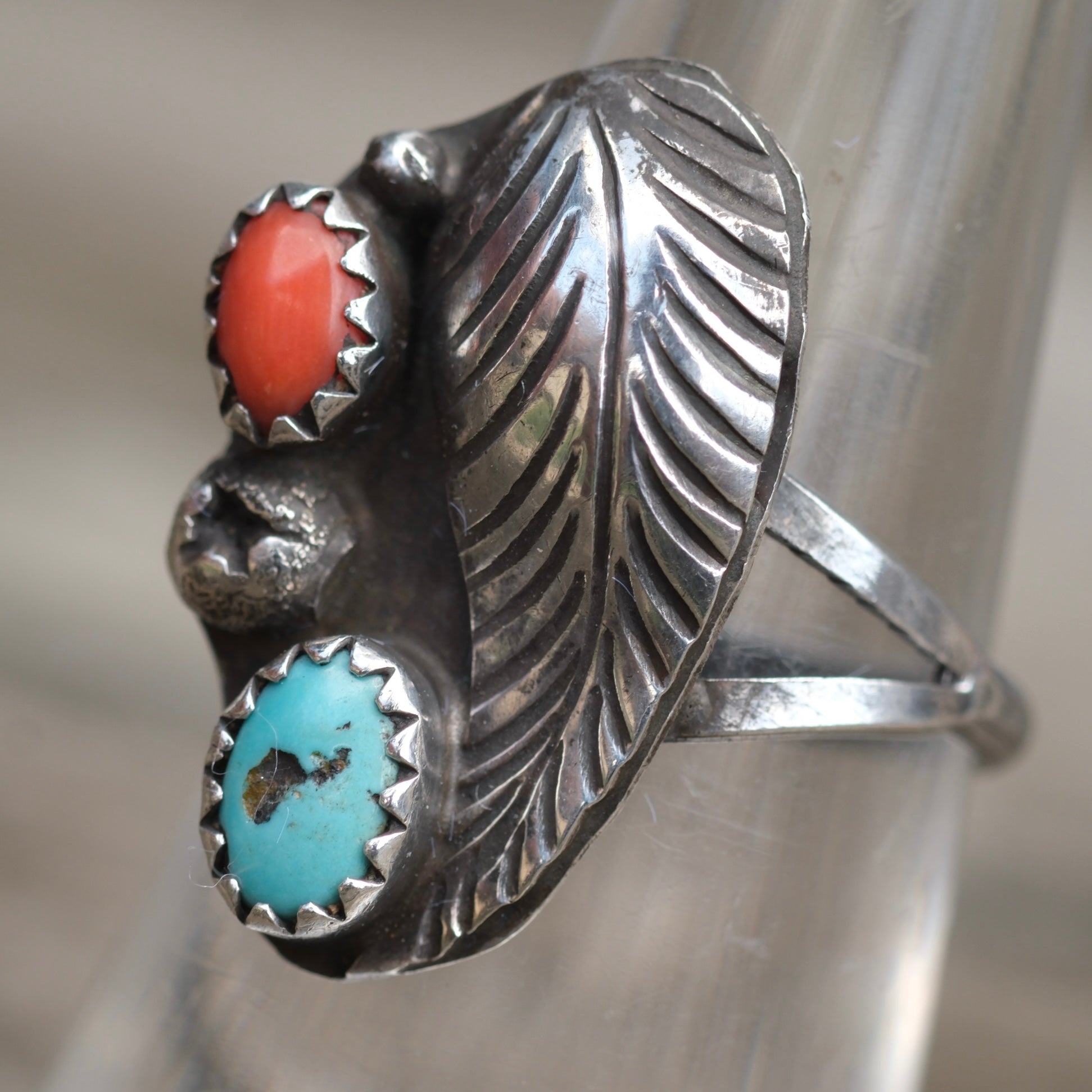 Vintage Sterling Turquoise and Coral Feather Ring 6.25