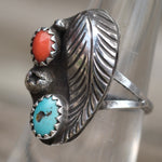 Vintage Sterling Turquoise and Coral Feather Ring 6.25
