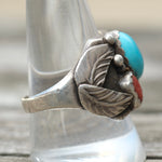 Vintage Sterling Turquoise and Coral Feather Ring 11