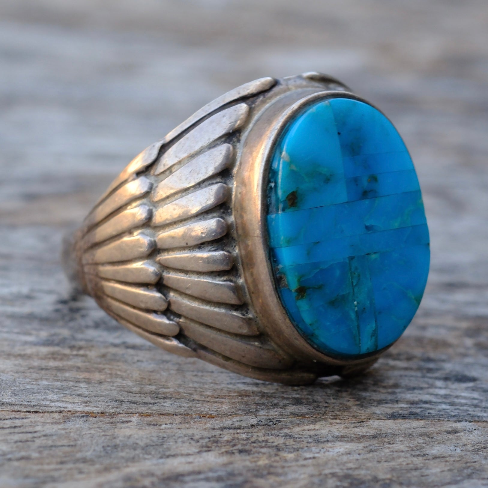 Vintage Sterling Turquoise Inlay Ribbed Band Ring 11.5