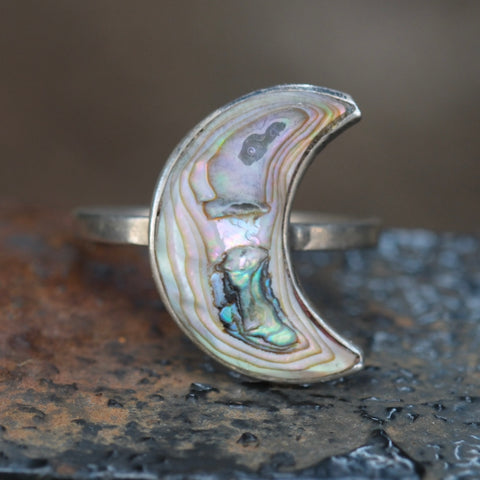 Vintage Sterling Abalone Moon Ring 6.5