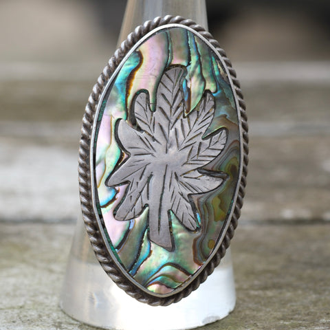 Vintage Sterling Abalone Sweet Leaf Ring 9