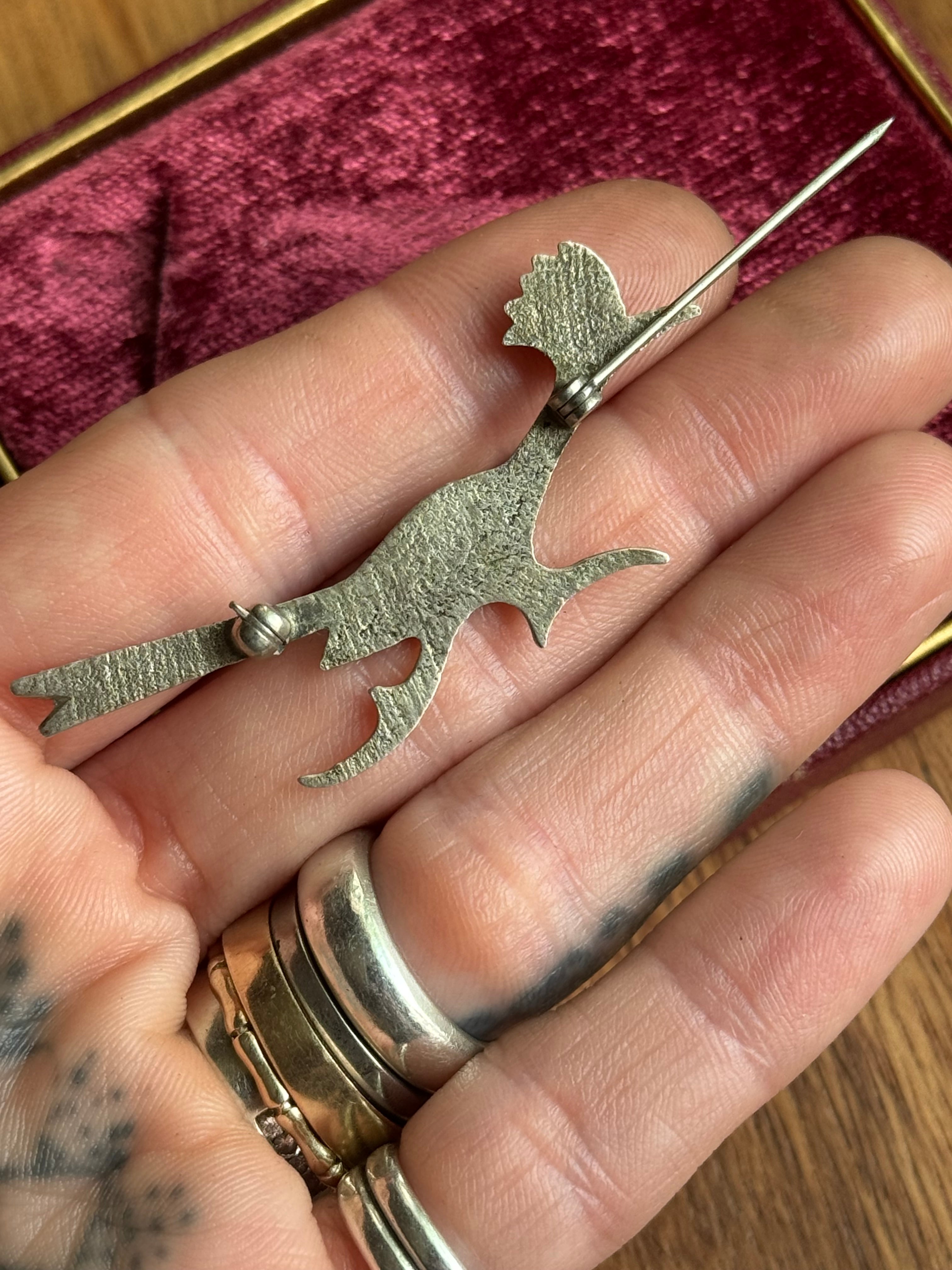 Vintage Sterling Silver Turquoise Road Runner Pin