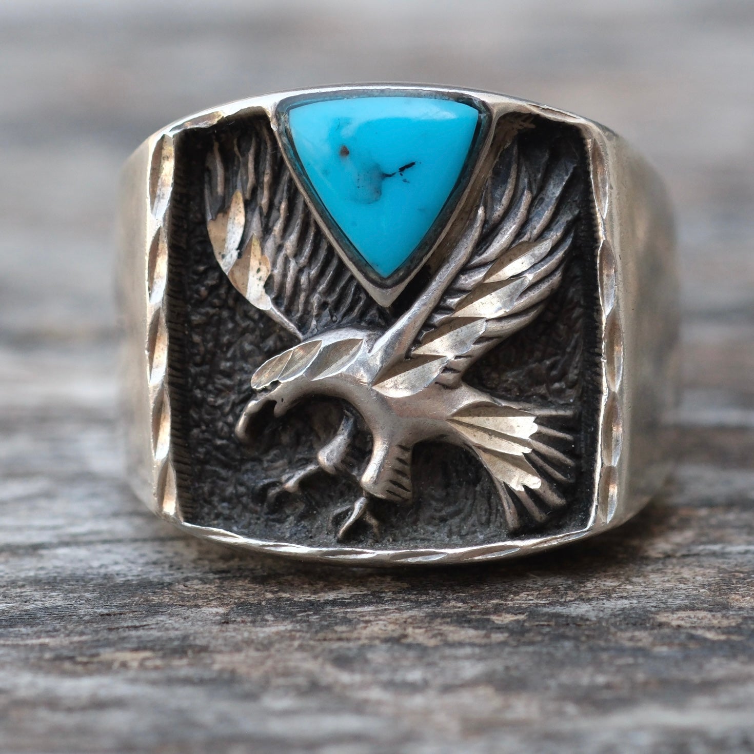 Vintage Sterling Turquoise Eagle Signet Ring 9.75