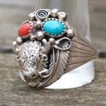 Vintage Sterling Turquoise and Coral Buffalo Ring 14