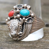 Vintage Sterling Turquoise and Coral Buffalo Ring 14