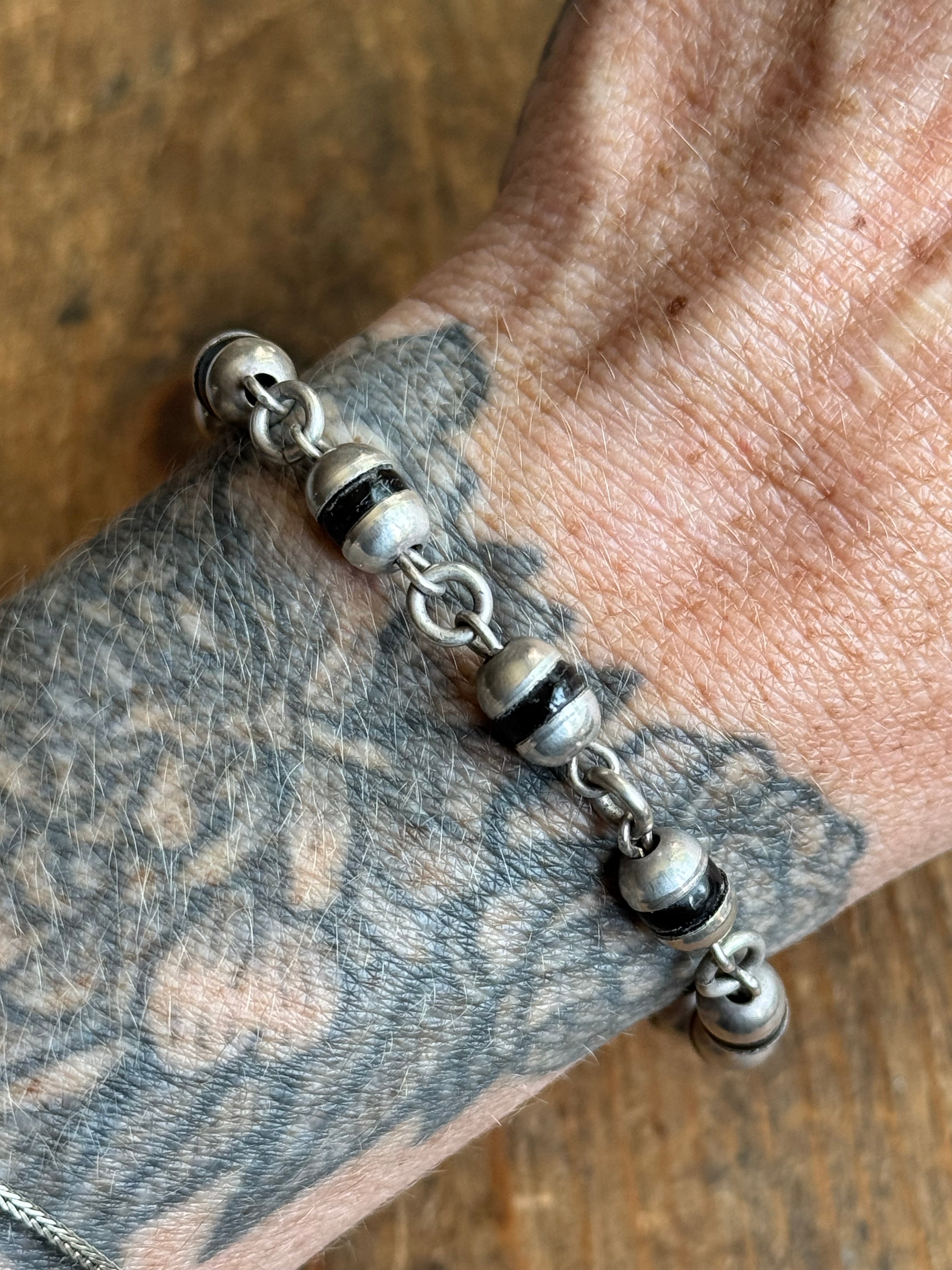 Vintage Sterling Silver 7.5” Black Bead Dome Link Bracelet