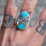 Vintage Sterling Abalone and Turquoise Inlay Ring 9.5