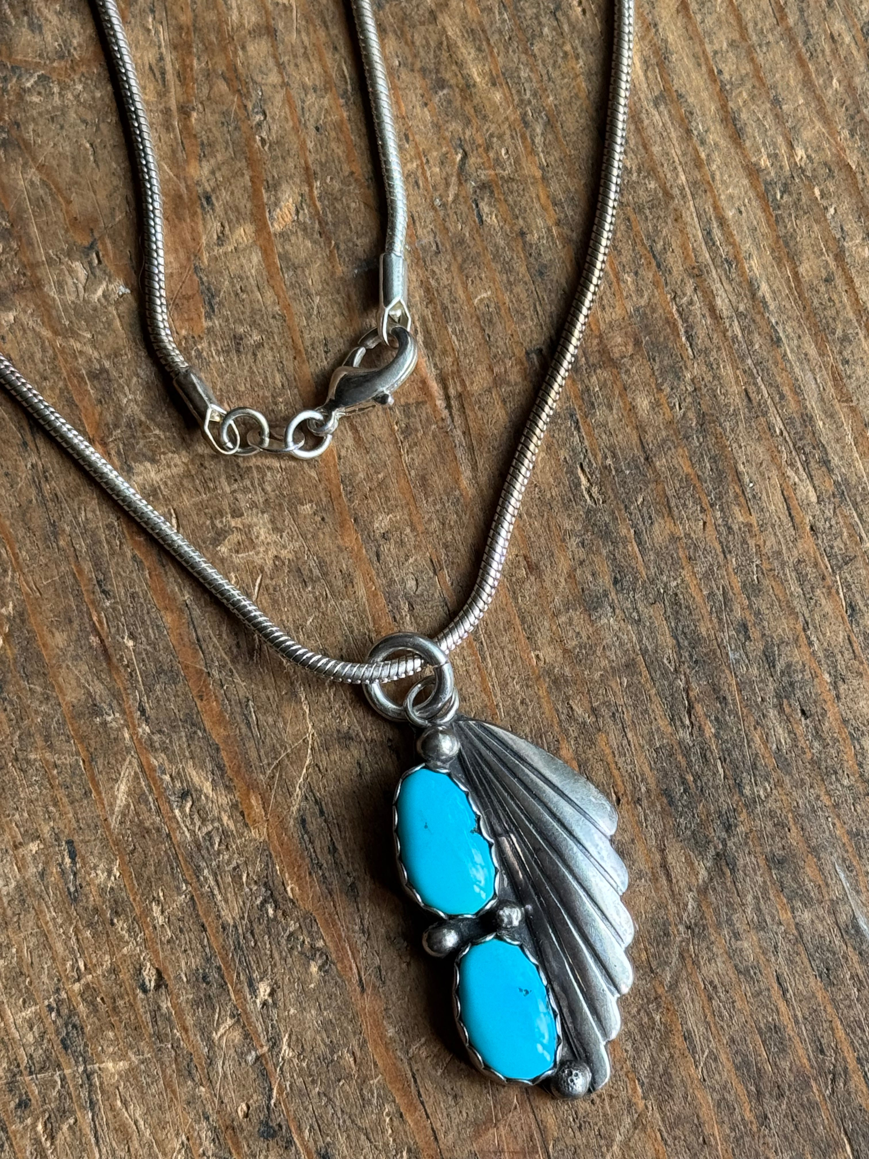 Vintage Sterling Silver Double Turquoise Fan 18" Necklace