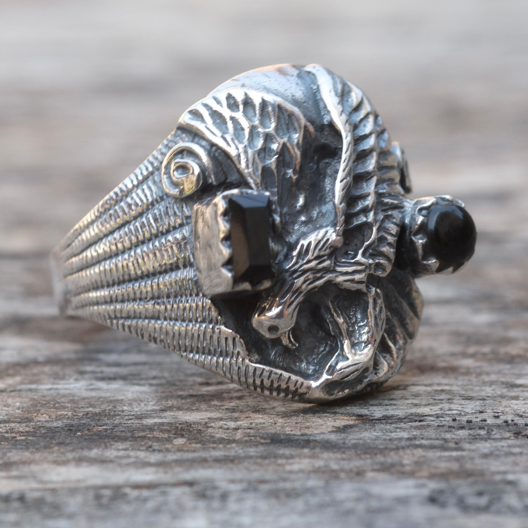 Vintage Sterling Onyx Eagle Ring 10.75