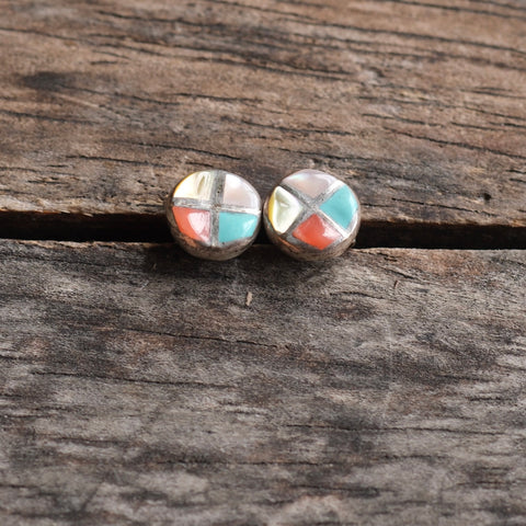 Vintage Sterling Multistone Inlay Stud Earrings
