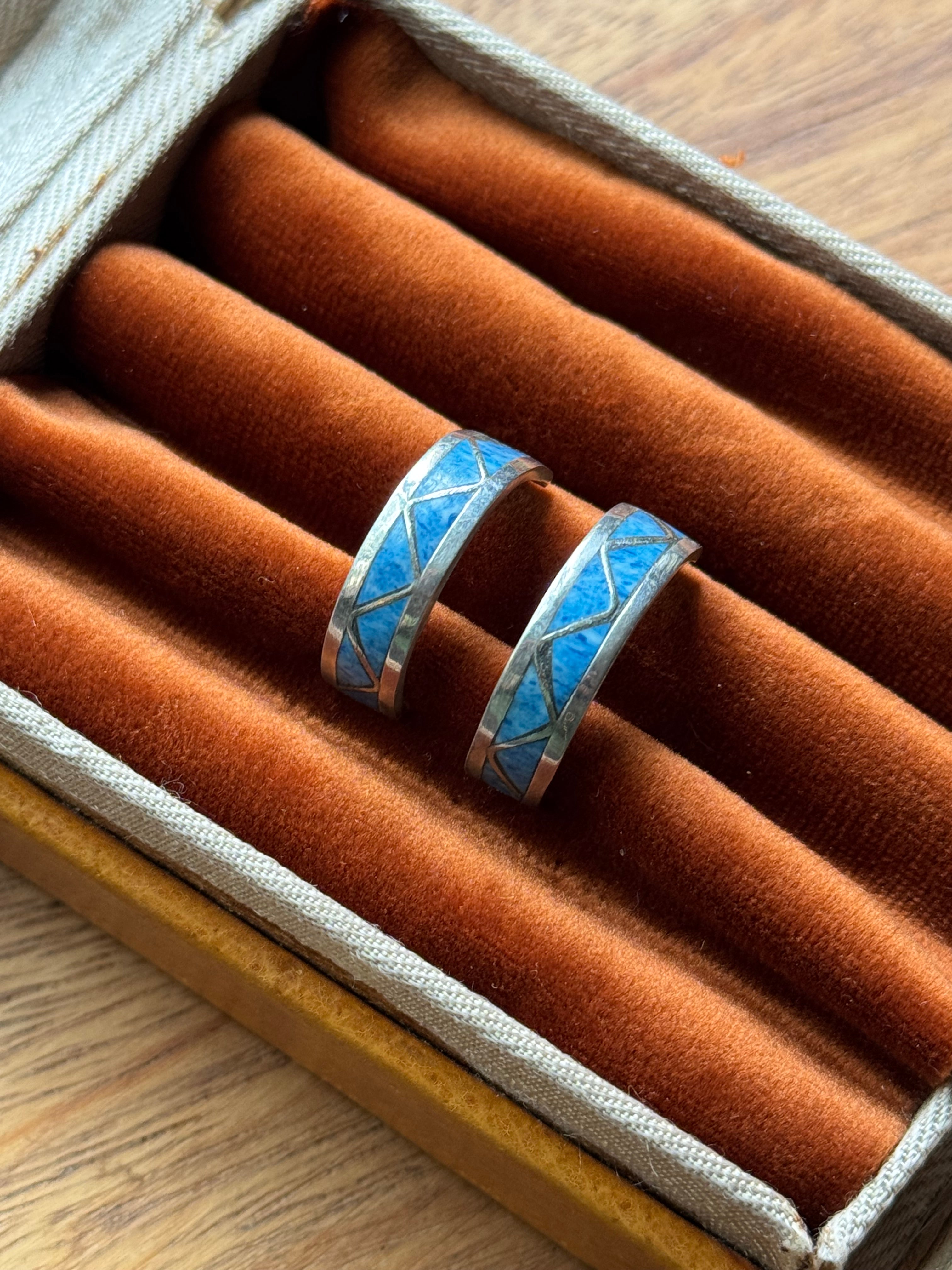 Vintage Sterling Silver Sodalite Inlay Half Hoops