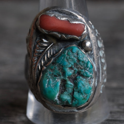 Vintage Sterling Turquoise and Coral Ring 11.5