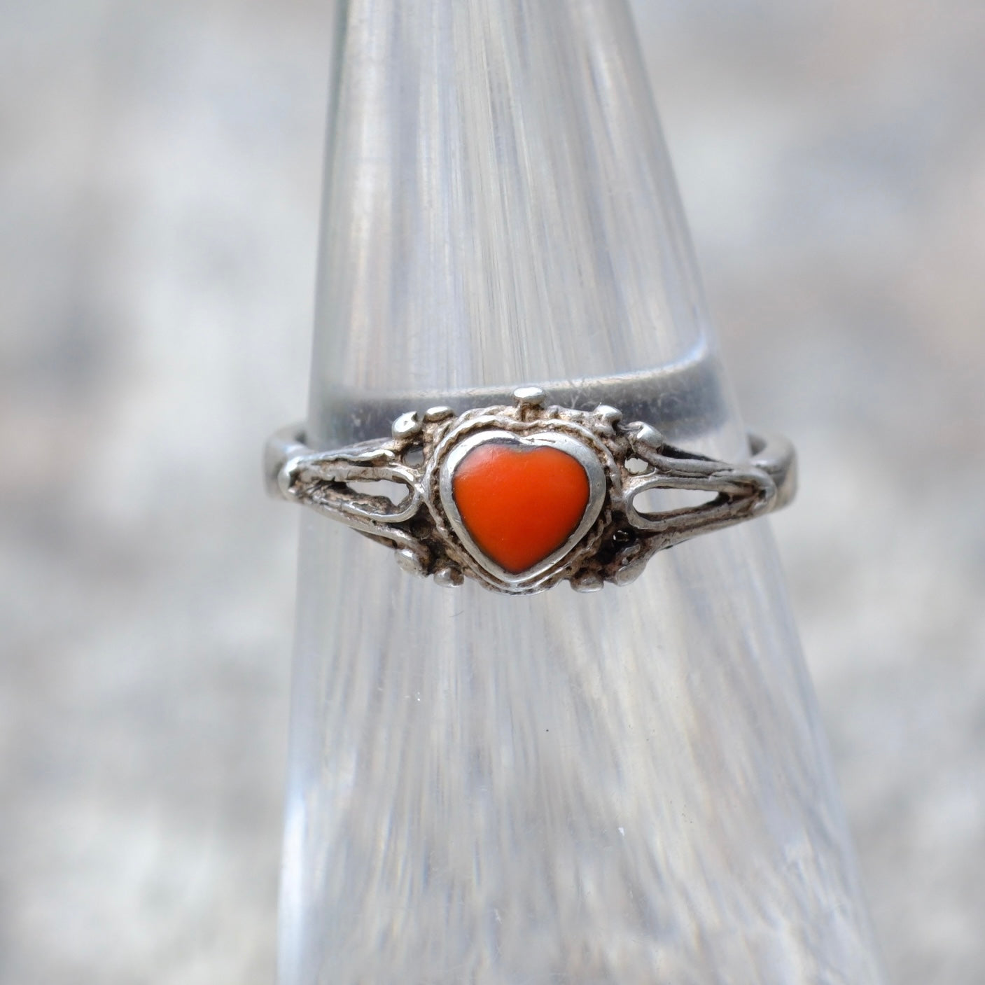 Vintage Sterling Silver Coral Heart Ring 4.75