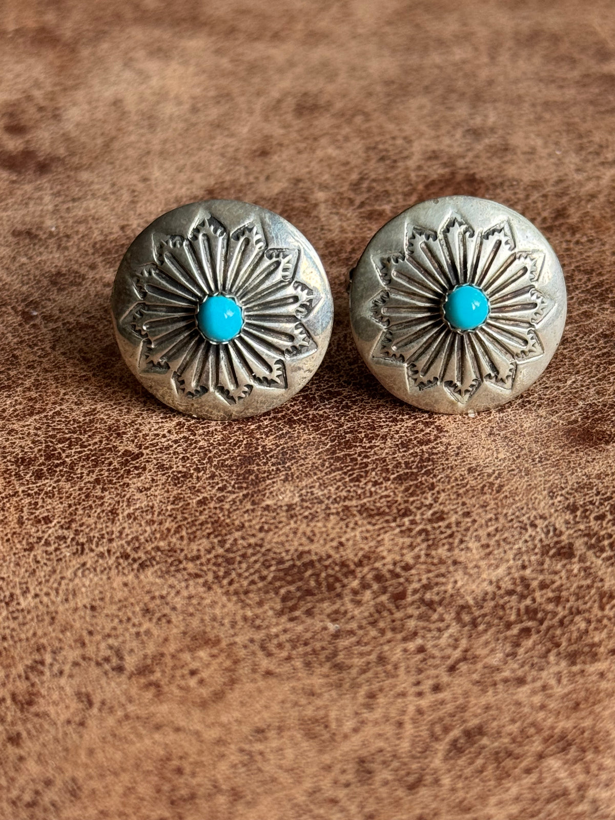 Vintage Sterling Silver Stamped Turquoise Concho Cufflinks