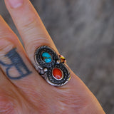 Vintage Sterling Turquoise and Coral Roper Ring 7