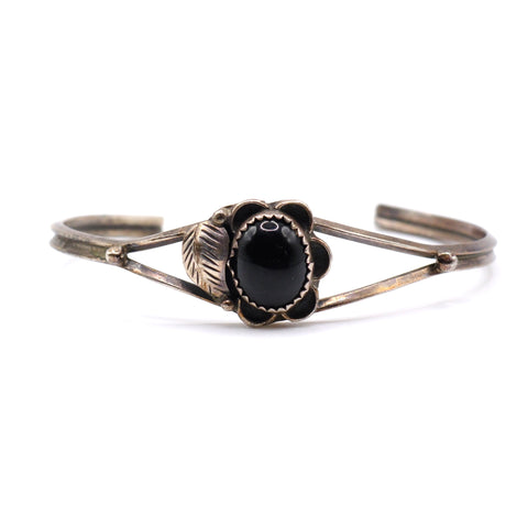 Vintage Sterling Onyx Feather Cuff 6.25"