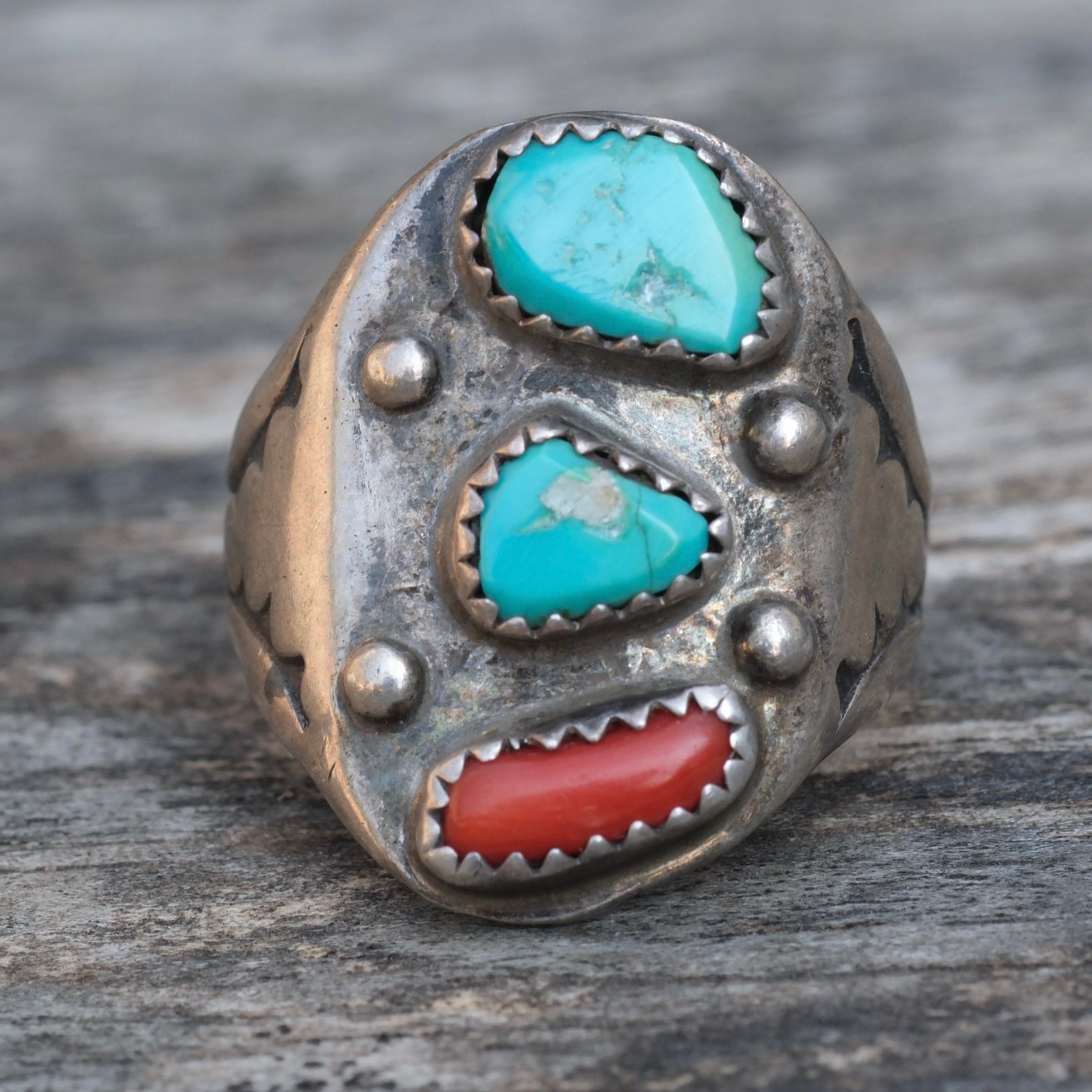 Vintage Sterling Turquoise and Coral Ring 10.25