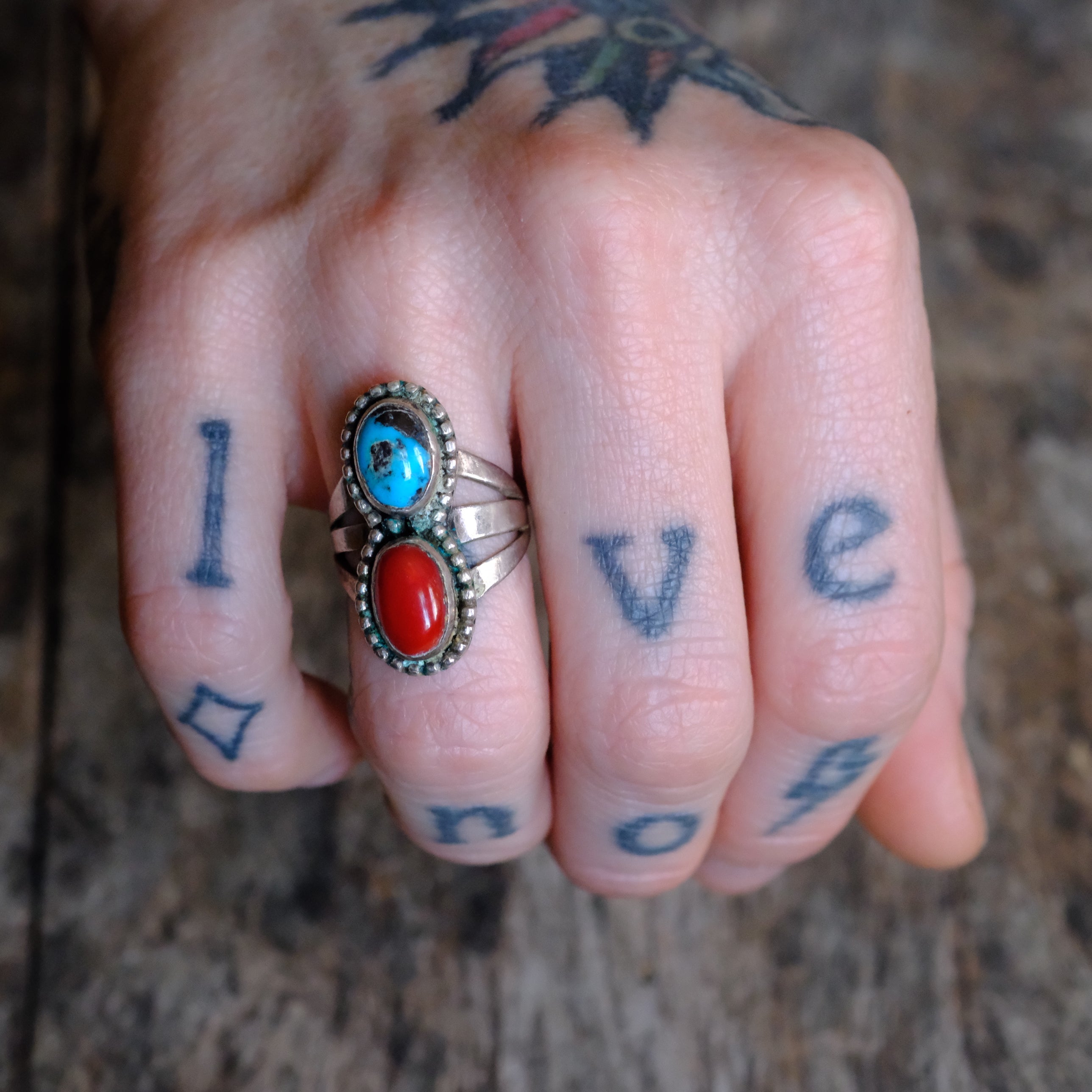 Vintage Sterling Turquoise And Coral Roper Ring 5.75