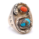 Vintage Sterling Turquoise and Coral Snake Ring 11