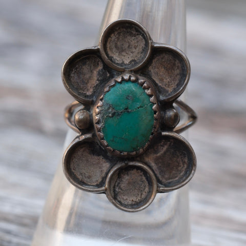 Vintage Sterling Turquoise Floral Ring 7.25