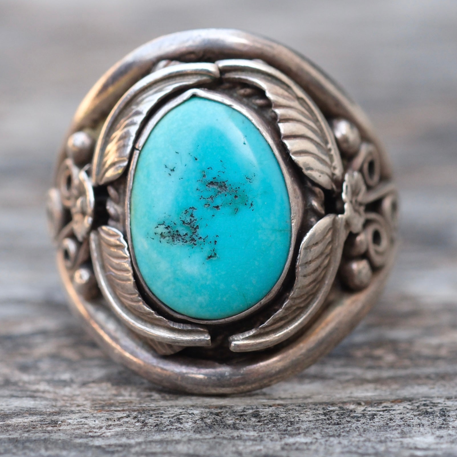 Vintage Sterling Turquoise Feather Ring 11