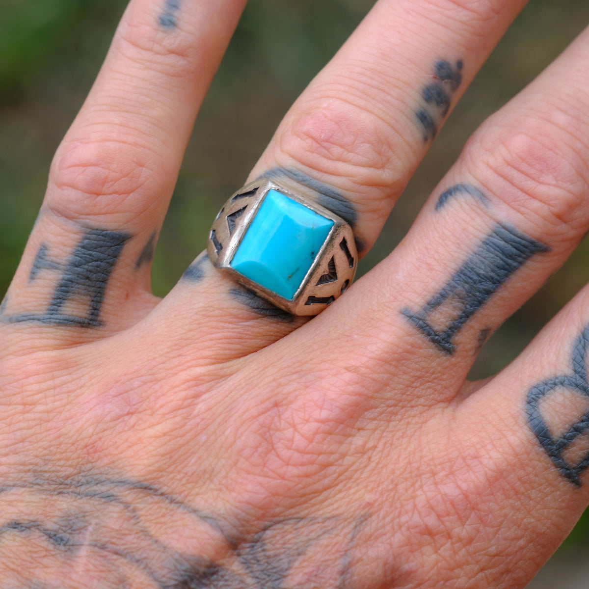 Vintage Sterling Trading Post Turquoise Stamped Arrows Ring 8.5