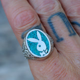 Vintage White Bronze Playboy Bunny Turquoise Ring 10.5