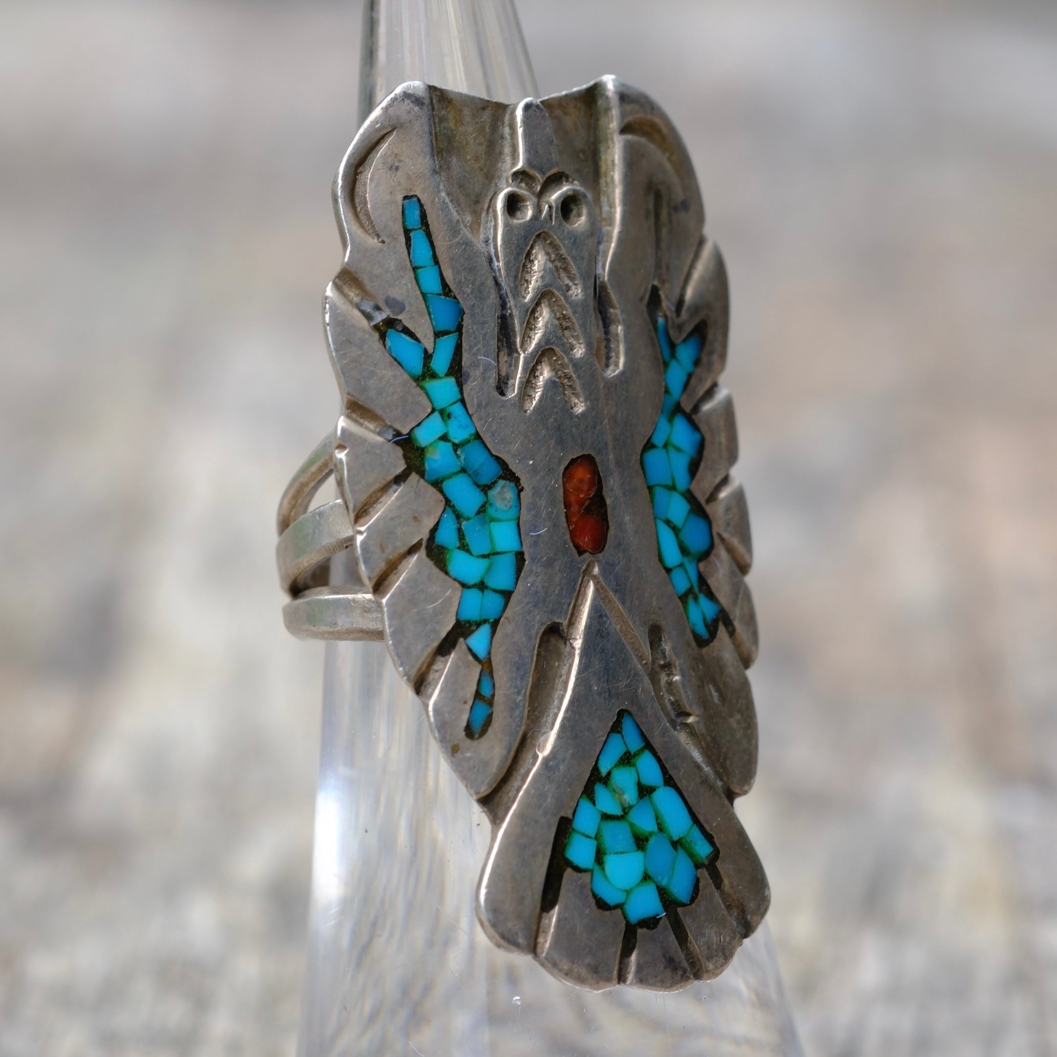 Vintage Sterling Turquoise and Coral Peyote Bird Ring 4.75