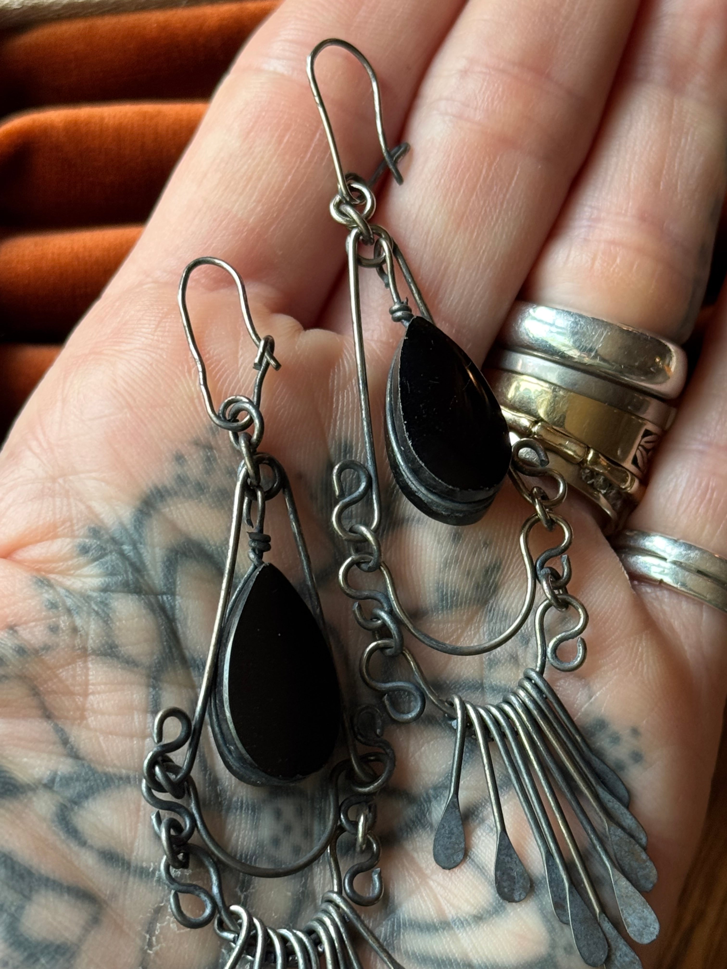Vintage Sterling Silver Onyx Chandelier Earrings