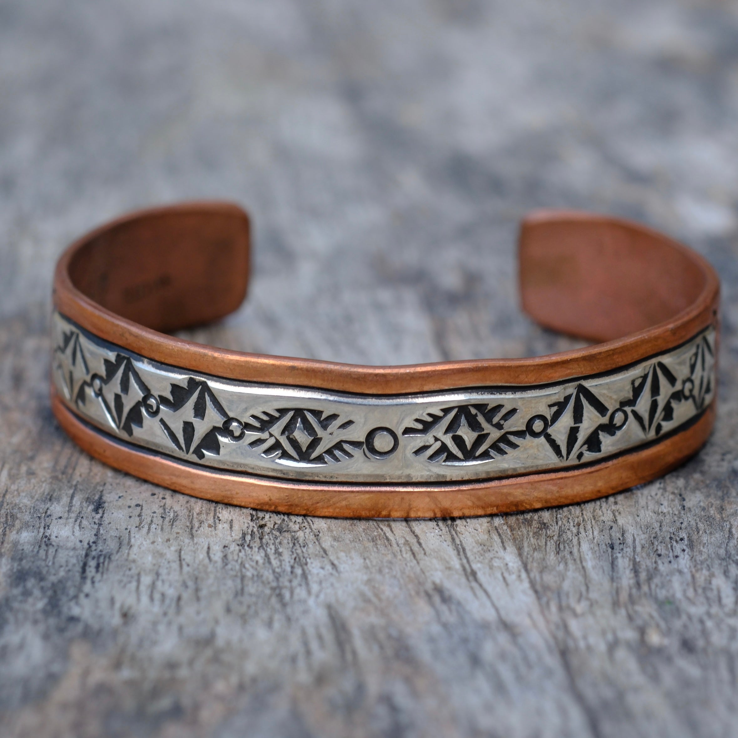 Vintage Sterling Copper and Sterling Silver Stamped Cuff Bracelet