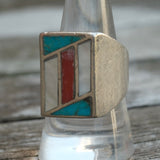 Vintage Sterling Turquoise Coral and Mother Of Pearl Inlay Ring 10