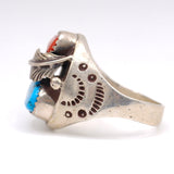 Vintage Sterling Turquoise and Coral Stamped Band Ring 9.5