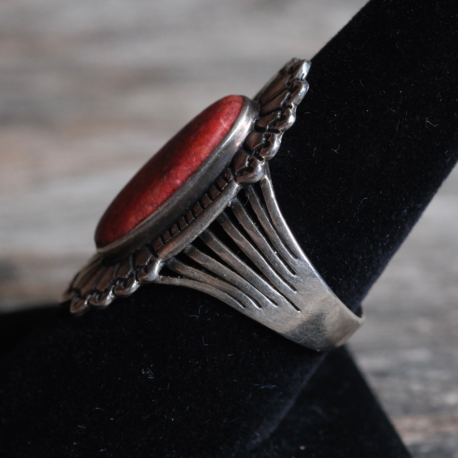 Vintage Sterling Red Jasper Concho Ring 8.5