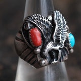 Vintage Sterling Turquoise and Coral Eagle Ring 8.5