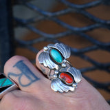 Vintage Sterling Turquoise and Coral Feather Ring 6.25