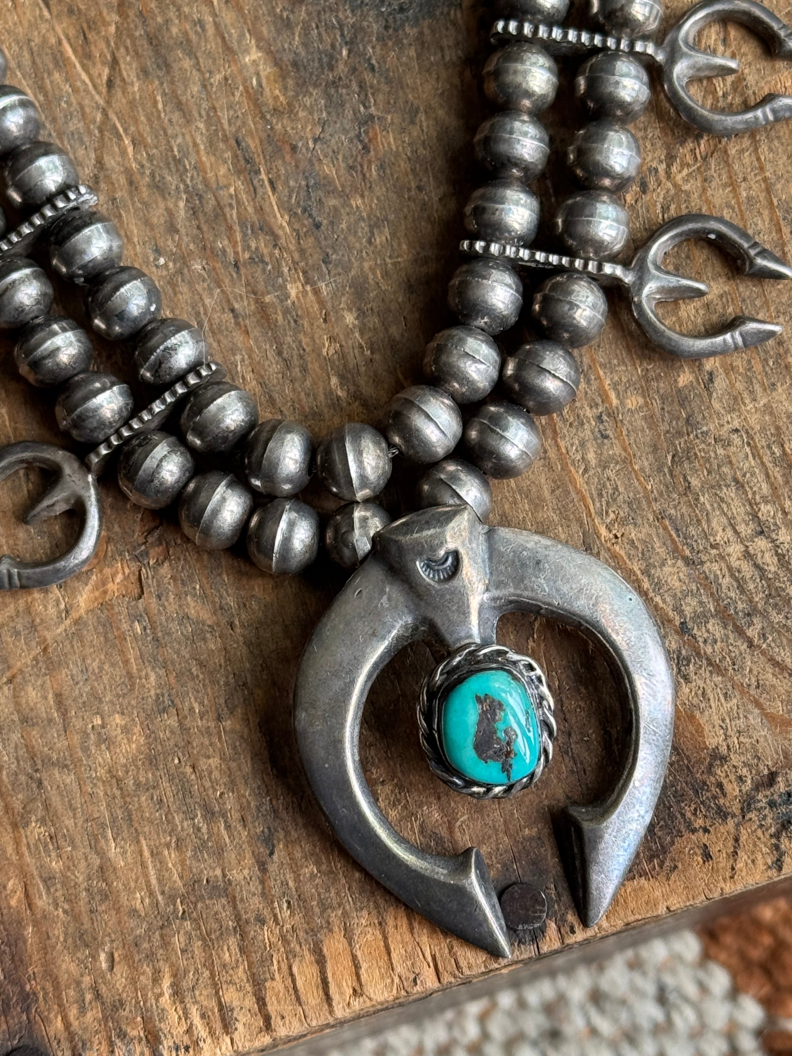 Vintage Sterling Silver Turquoise & Naja Petal Squash Blossom