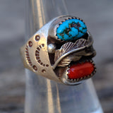 Vintage Sterling Turquoise and Coral Feather Ring 7