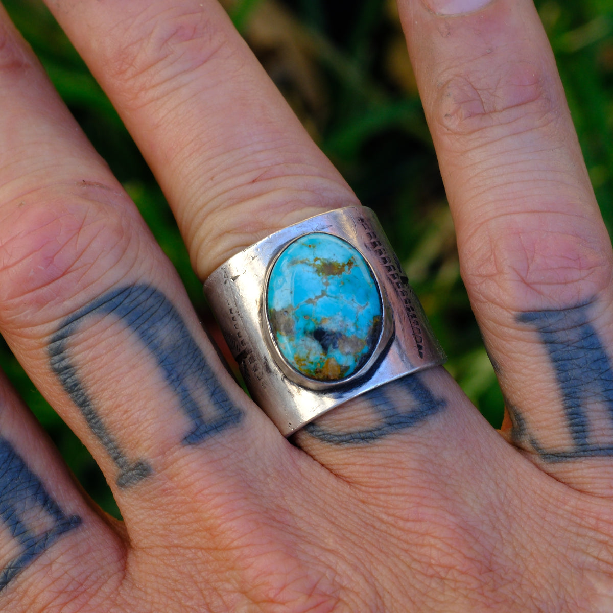 Sterling Silver Fox Turquoise Stamped Ring 8.5