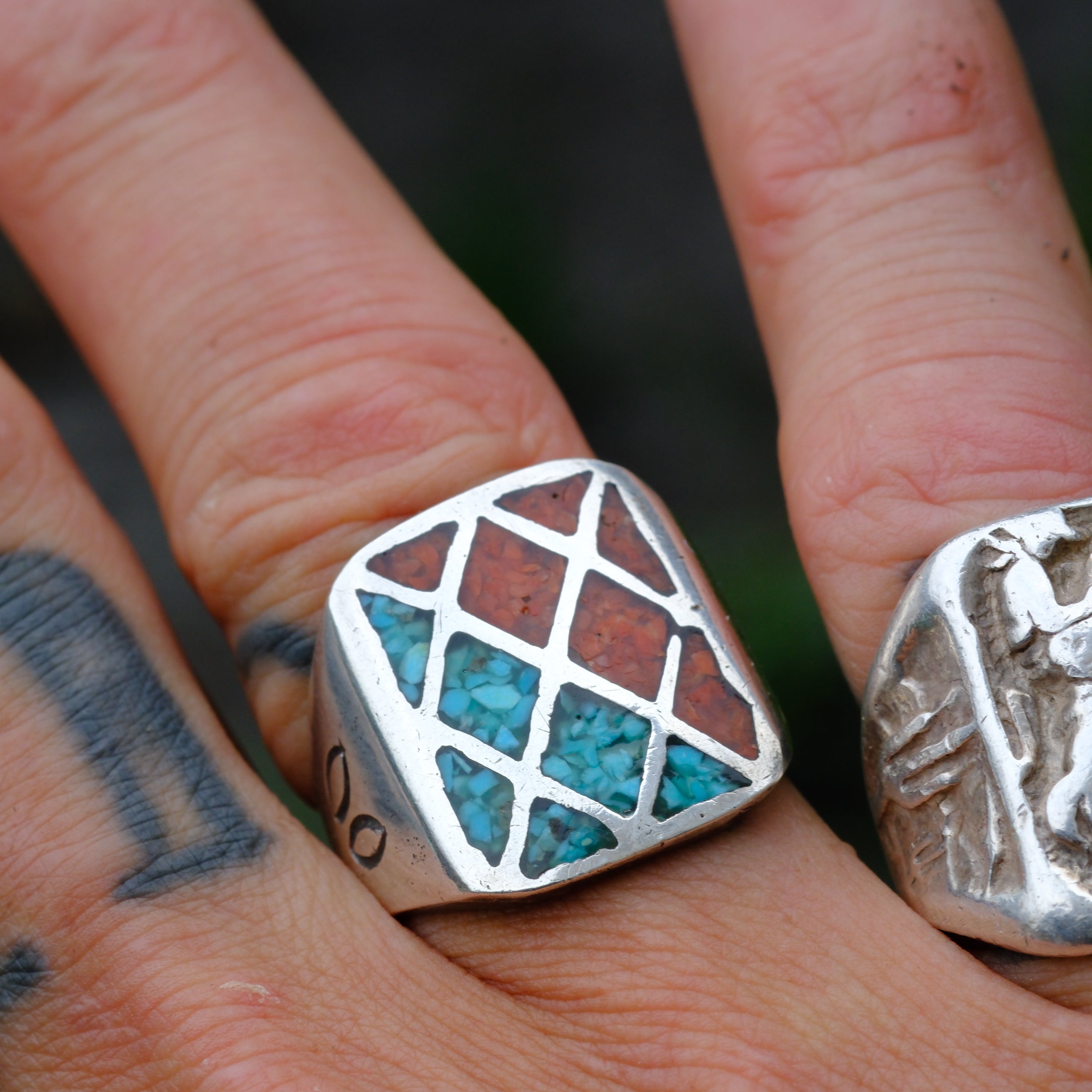 Vintage Sterling Turquoise and Coral Inlay Ring 9