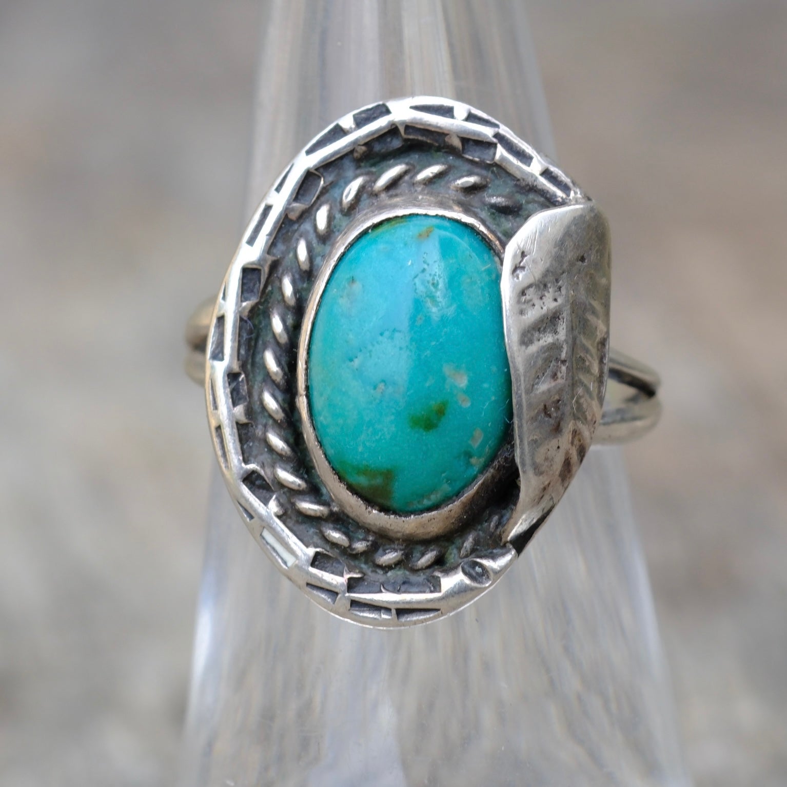Vintage Sterling Turquoise Feather Ring 5.75