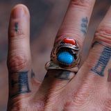 Vintage Sterling Turquoise and Coral Feather Ring 9.25